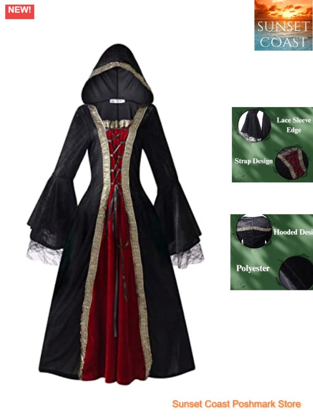 Hooded Medieval Renaissance Dress Lace Long Gown Halloween Costume